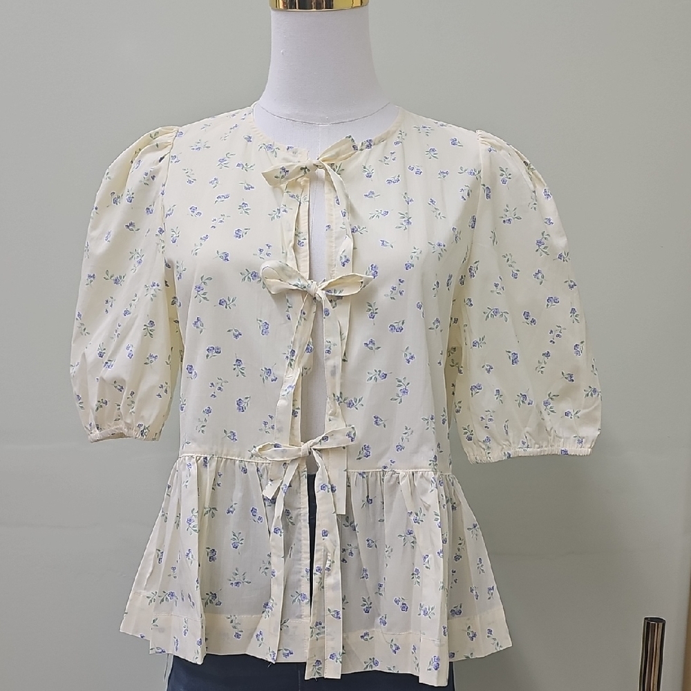 Yellow Women Floral Blouse with Bow Accents